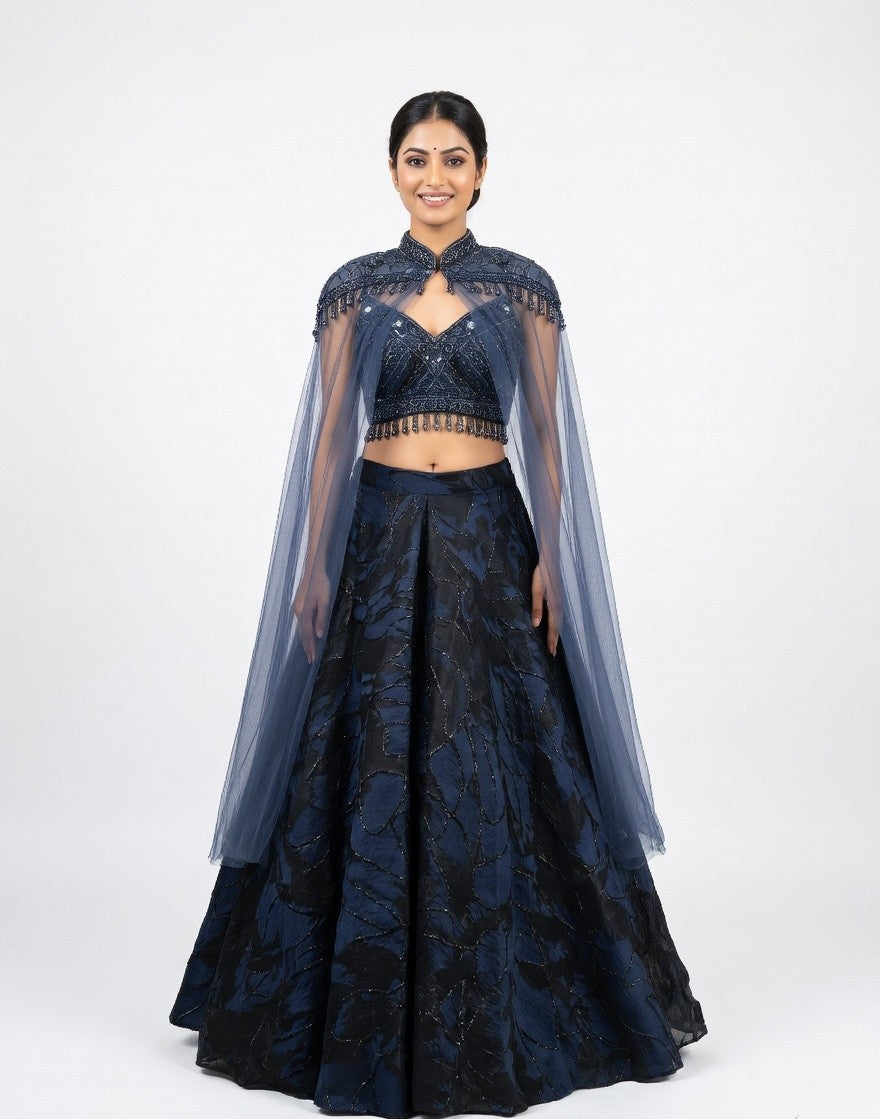 Midnight Bloom: Cape Lehenga Set