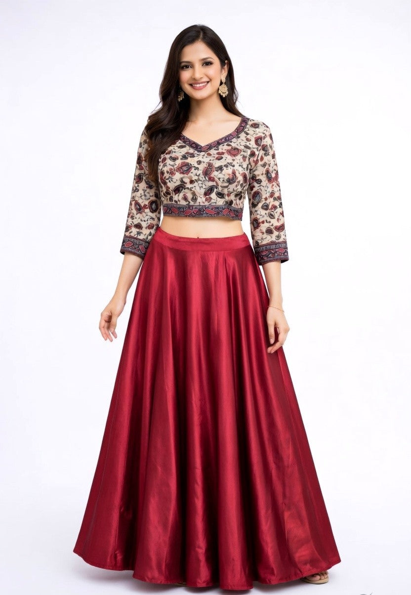 Floral Paisley Crop with Cherry-red Satin Long-skirt