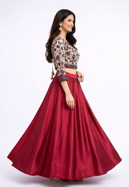 Floral Paisley Crop with Cherry-red Satin Long-skirt