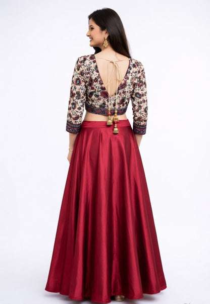 Floral Paisley Crop with Cherry-red Satin Long-skirt