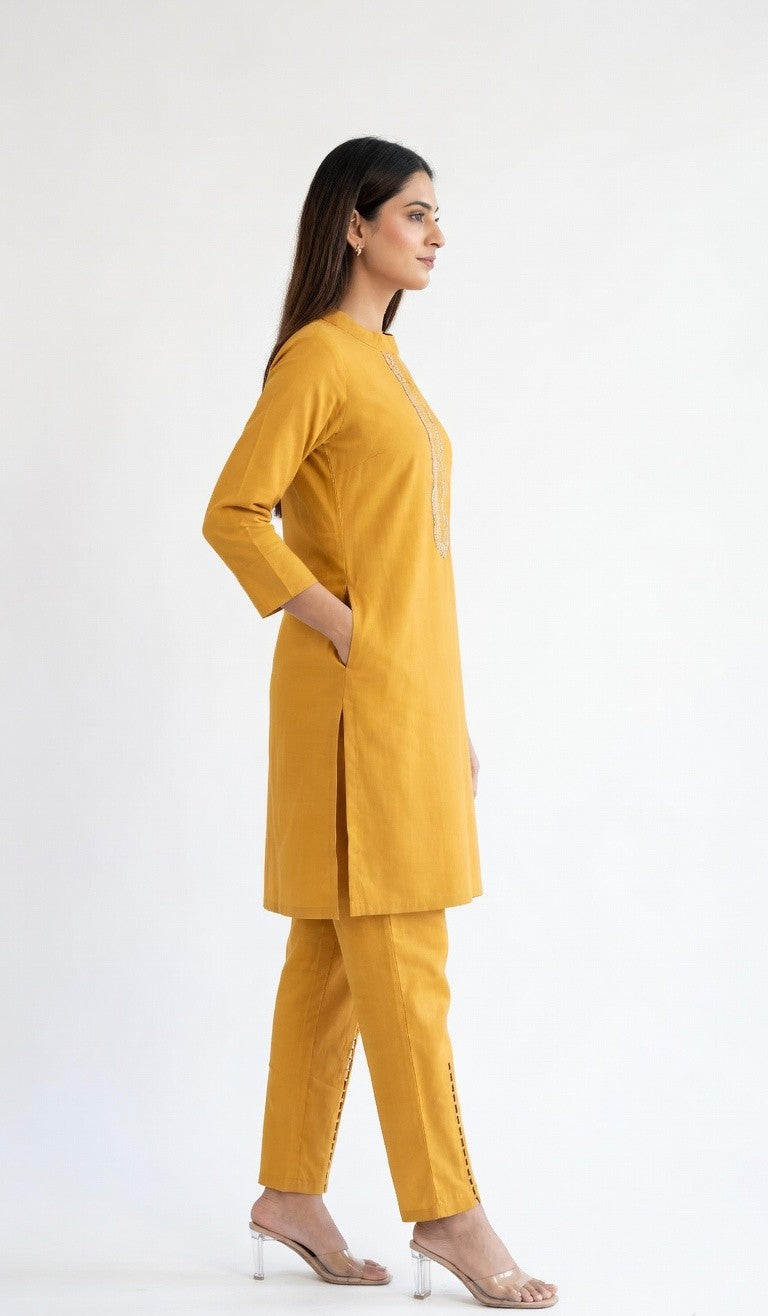 Mustard Aura Embroidered Kurta Set