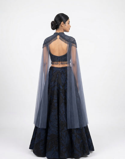 Midnight Bloom: Cape Lehenga Set