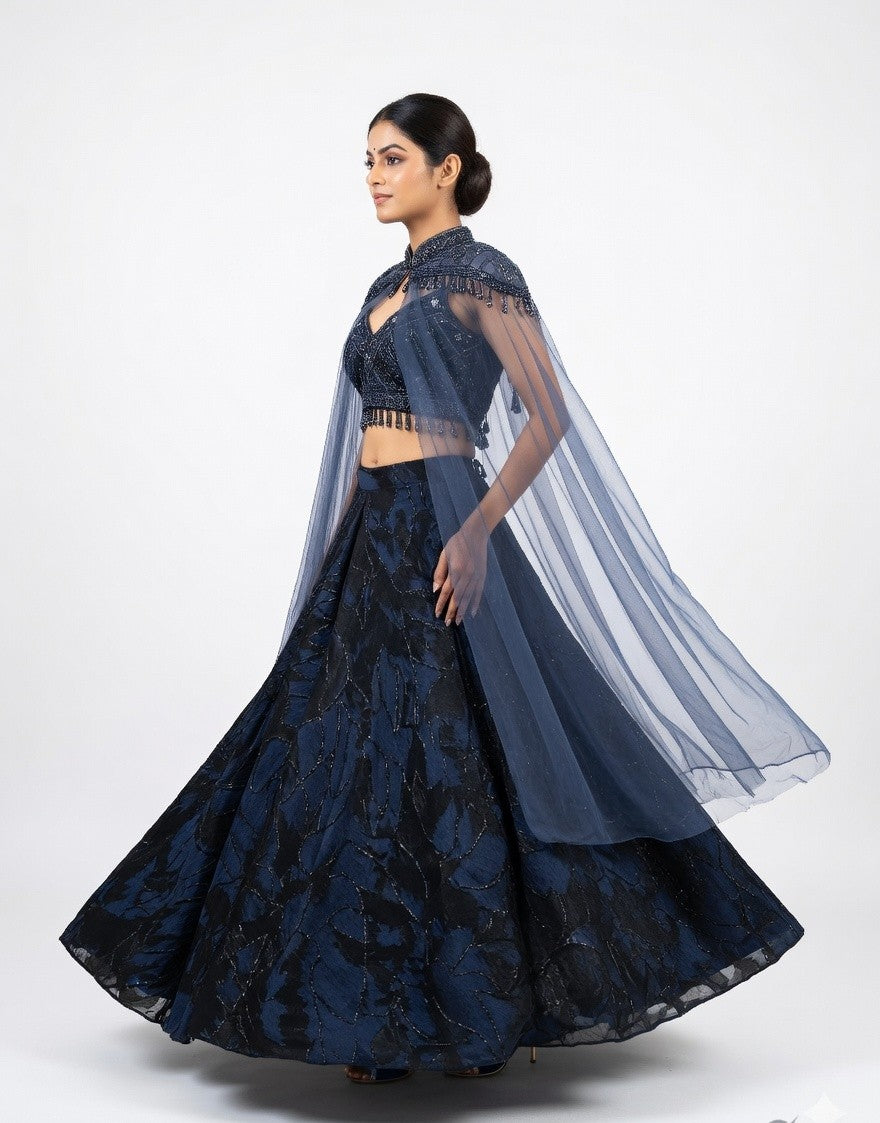 Midnight Bloom: Cape Lehenga Set
