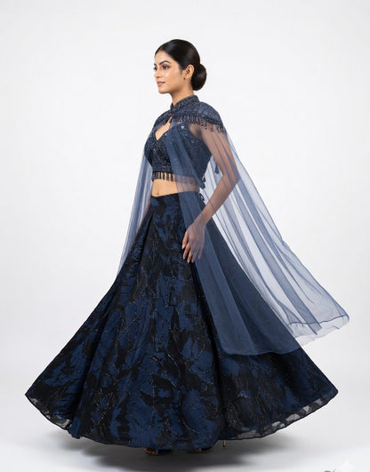 Midnight Bloom: Cape Lehenga Set