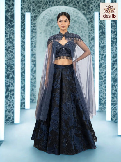 Midnight Bloom: Cape Lehenga Set