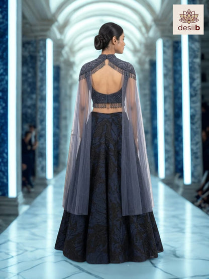 Midnight Bloom: Cape Lehenga Set