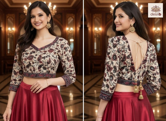 Floral Paisley Crop with Cherry-red Satin Long-skirt