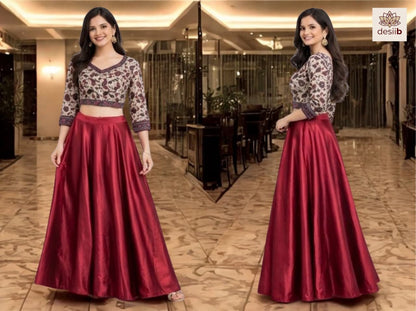 Floral Paisley Crop with Cherry-red Satin Long-skirt