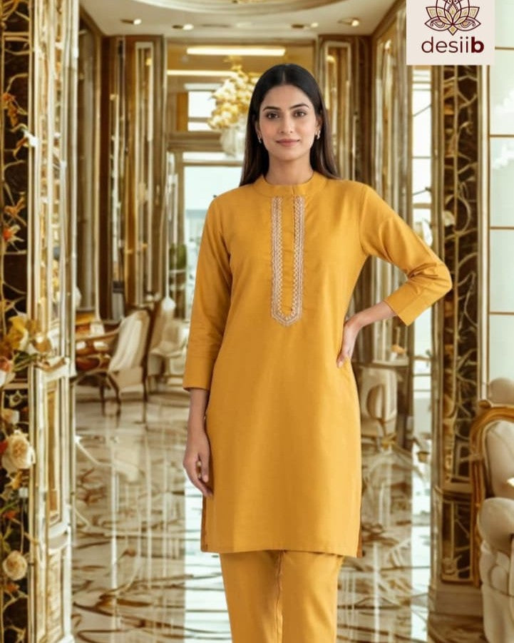 Mustard Aura Embroidered Kurta Set