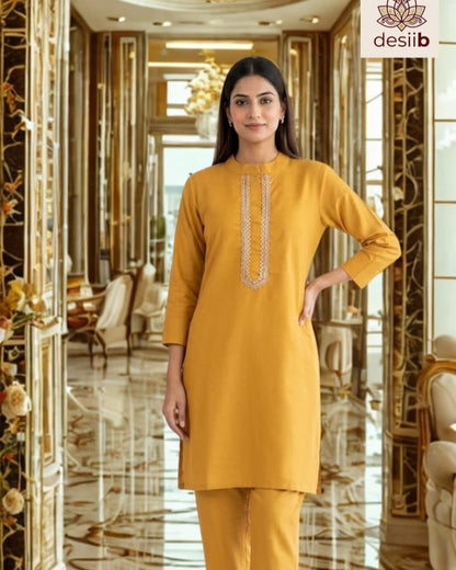 Mustard Aura Embroidered Kurta Set
