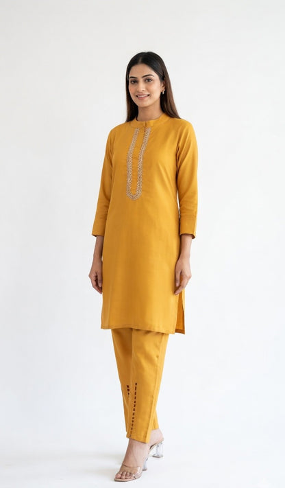 Mustard Aura Embroidered Kurta Set
