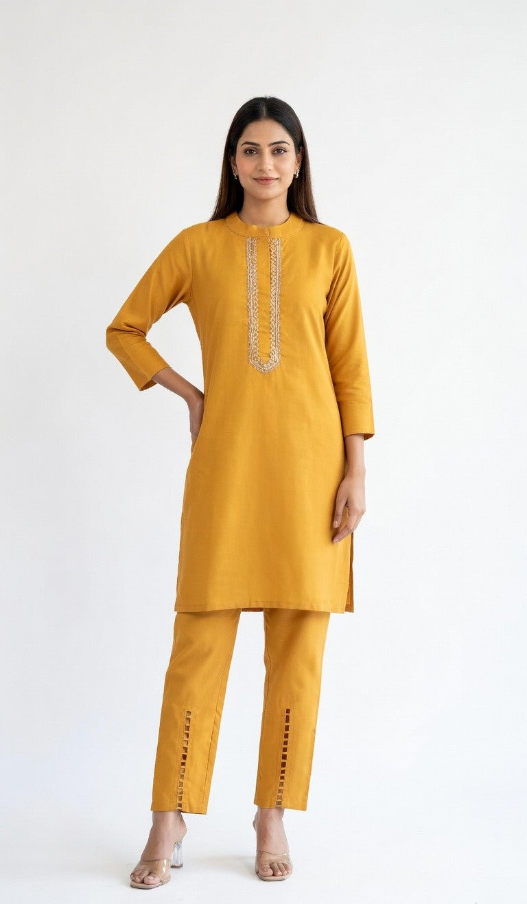 Mustard Aura Embroidered Kurta Set