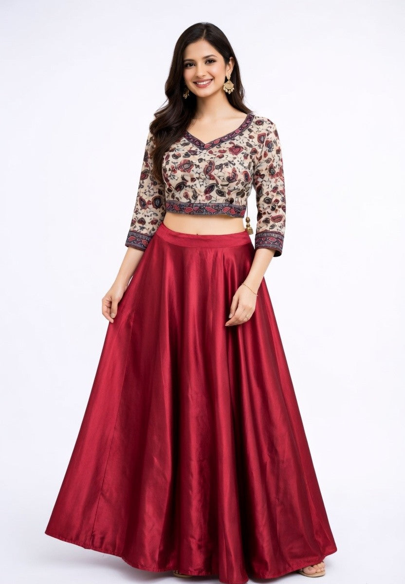 Floral Paisley Crop with Cherry-red Satin Long-skirt