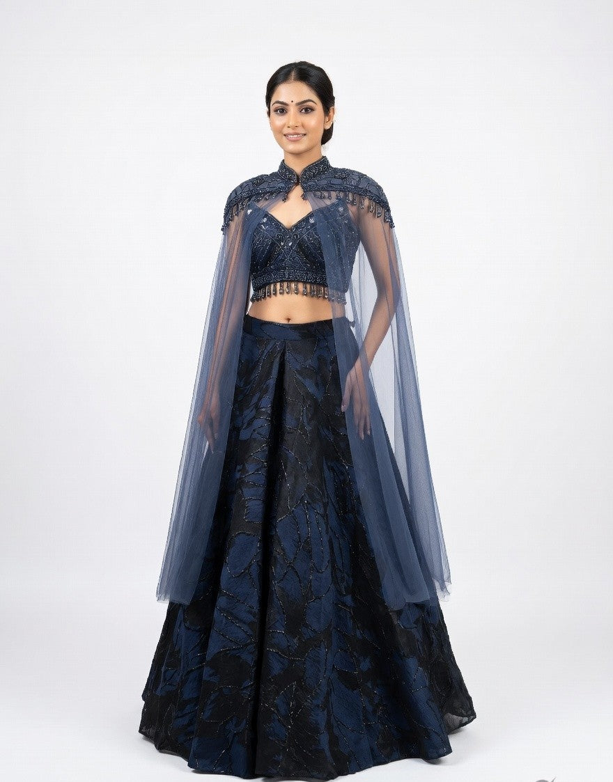 Midnight Bloom: Cape Lehenga Set