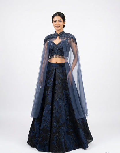 Midnight Bloom: Cape Lehenga Set