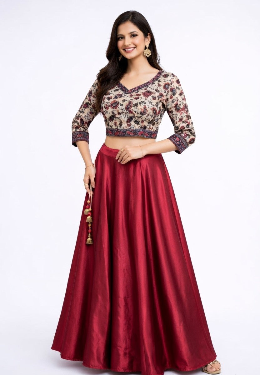 Floral Paisley Crop with Cherry-red Satin Long-skirt