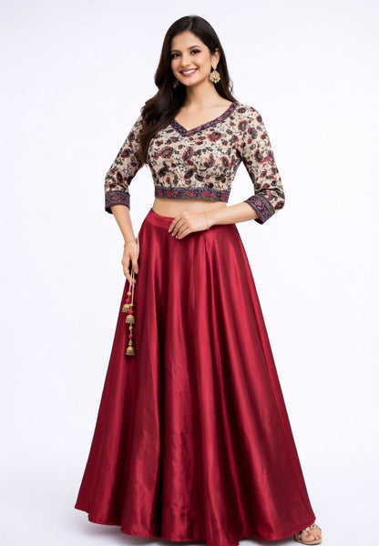 Floral Paisley Crop with Cherry-red Satin Long-skirt